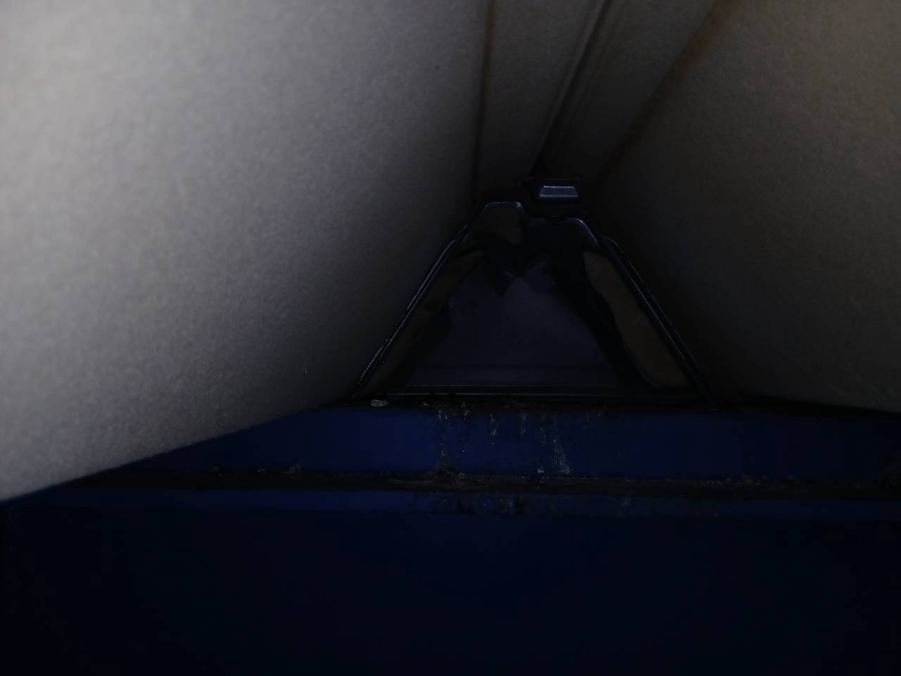 忌避剤を設置する前の屋根材と青い鉄骨の間の空間