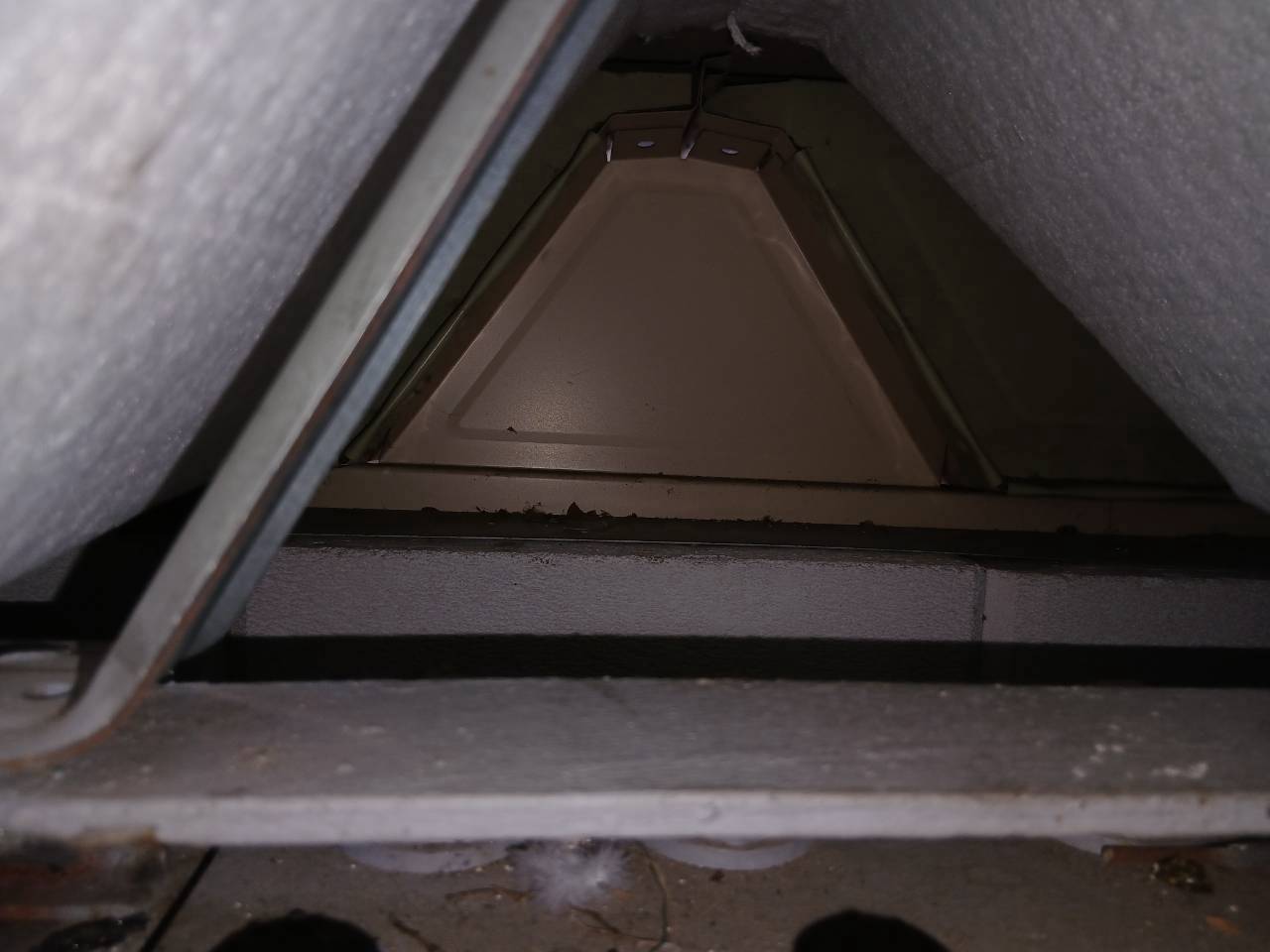 羽や汚れが見られる施工前の屋根際と梁の上部